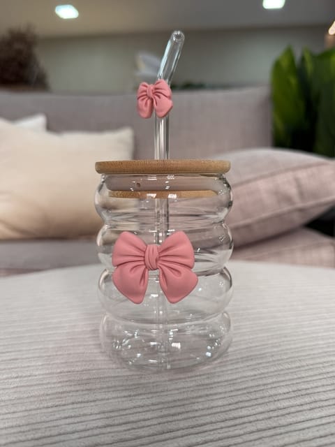 Ribbed Bow Coffe Mug With Straw and lid