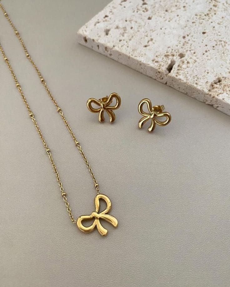 Minimalist Gold Plated Stainless Steel Bow Shaped Locket Earing Set