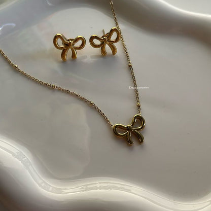 Minimalist Gold Plated Stainless Steel Bow Shaped Locket Earing Set