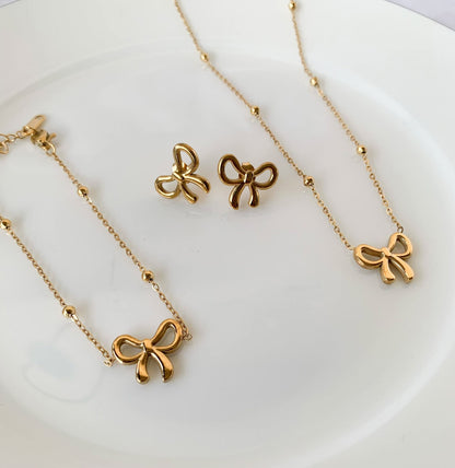 Minimalist Gold Plated Stainless Steel Bow Shaped Locket Earing Set