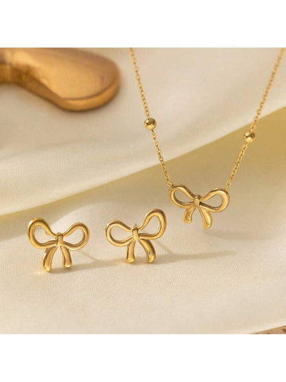Minimalist Gold Plated Stainless Steel Bow Shaped Locket Earing Set