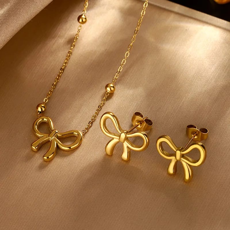 Minimalist Gold Plated Stainless Steel Bow Shaped Locket Earing Set