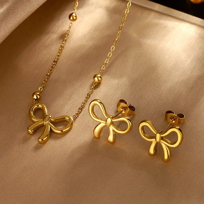 Minimalist Gold Plated Stainless Steel Bow Shaped Locket Earing Set