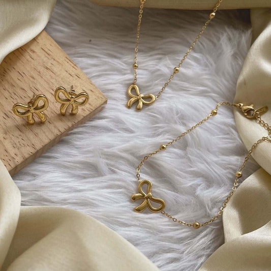 Minimalist Gold Plated Stainless Steel Bow Shaped Locket Earing Set