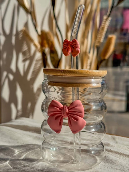 Ribbed Bow Coffe Mug With Straw and lid