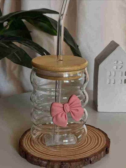 Ribbed Bow Coffe Mug With Straw and lid
