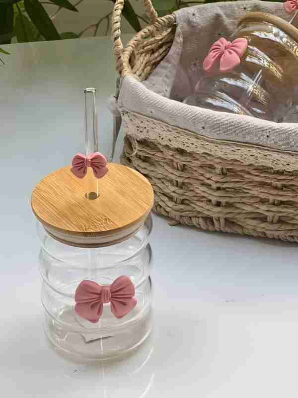 Ribbed Bow Coffe Mug With Straw and lid