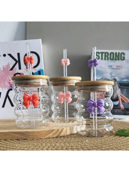 Ribbed Bow Coffe Mug With Straw and lid