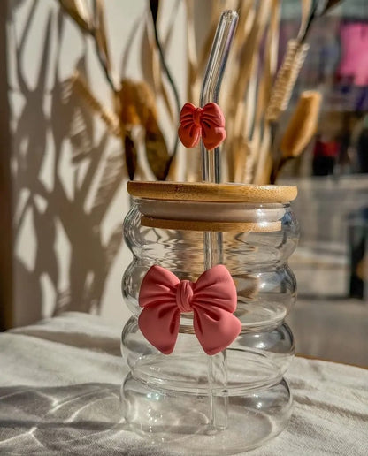 Ribbed Bow Coffe Mug With Straw and lid